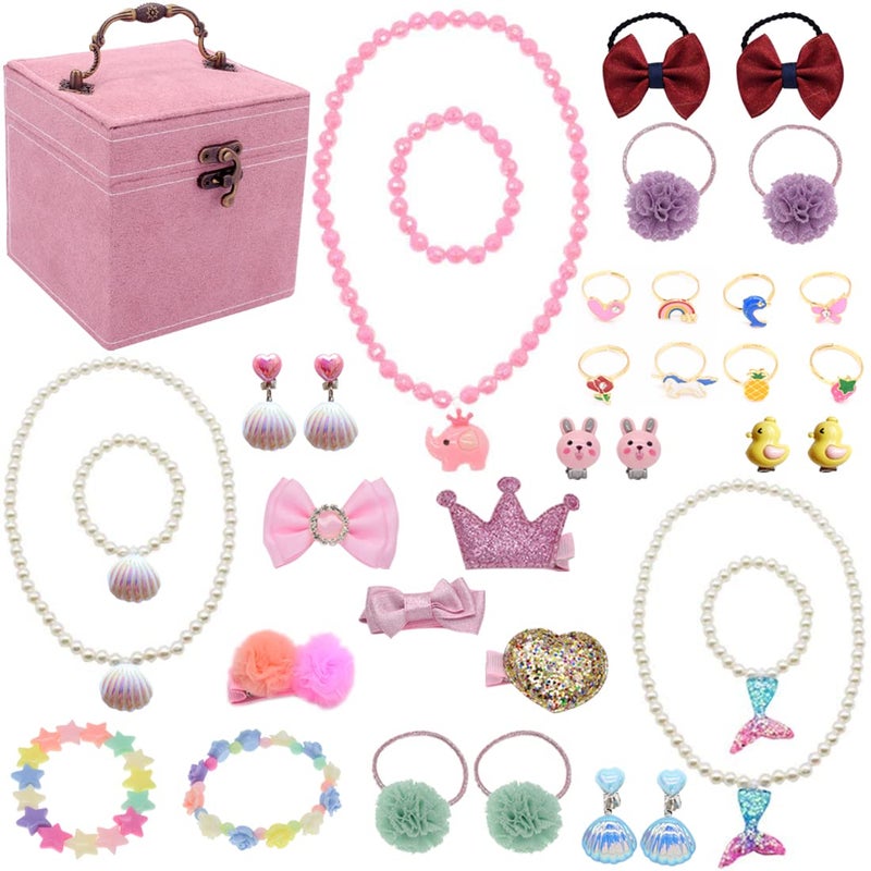 ShaqMars Little Girl Kids 3 Layer Lint Jewelry Box with Mirror and 35 Pieces Girl Princess Jewelry Dress Up Accessories Toy Playset Set - Image 2